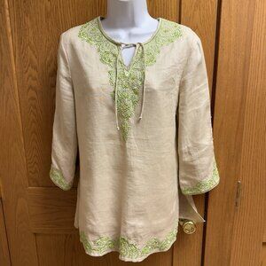Anne Carson Linen Embroidered Embellished Tunic Top - Medium